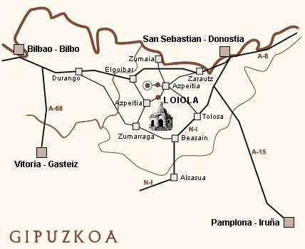 Mapa de Gipuzkoa donde indica como llegar a Loiola desde: Azpeitia, Tolosa, Zumarraga, Zumaia y Elgoibar.